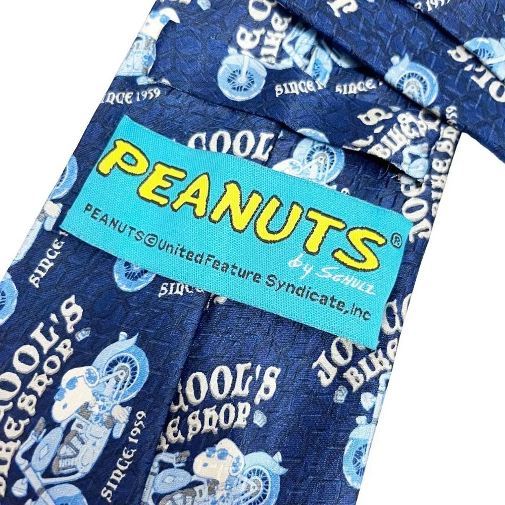 Peanuts Snoopy Joe Cool's Bike Shop Navy Blue‎ Silk Tie Novelty Print